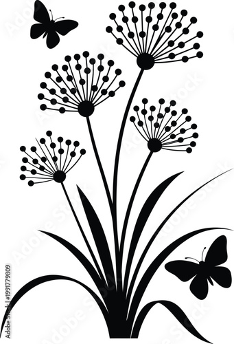 black silhouette of flowers and butterflies on white background for graphic design  simple floral illustration Vector Illustration