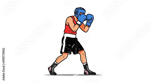 Boxer in stance, boxing gloves, fighting stance, sports illustration