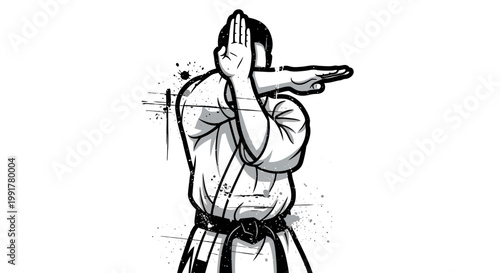 Karate fighter in defensive stance, black and white illustration