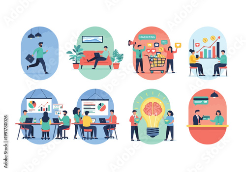 Set of business people working in office, flat vector illustration professional team characters, marketing, brainstorming, and financial analysis