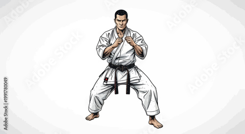 Karate fighter in white gi, black belt, defensive stance, illustration