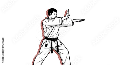 Karate practitioner in uniform performing a defensive stance, illustration