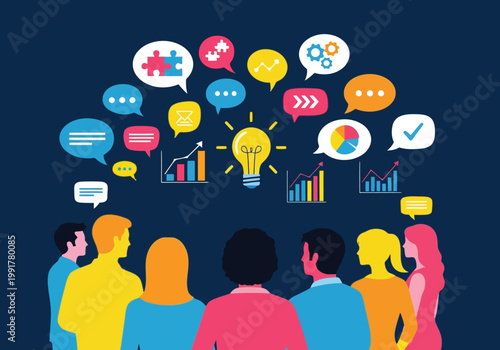 Group of people brainstorming and sharing ideas with speech bubbles, light bulb, and business charts on a dark blue background