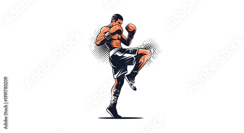 Martial artist in dynamic fighting stance, Muay Thai boxer silhouette, white background