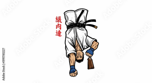 Martial Artist in Handstand with Nunchaku