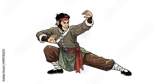 Martial artist in traditional Chinese clothing performing a kung fu stance