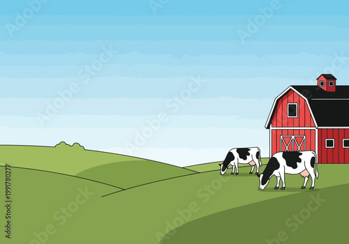 Cartoon illustration of a peaceful farm landscape with two black and white cows grazing in a green pasture next to a red barn