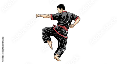 Martial artist performing a dynamic kick in traditional uniform