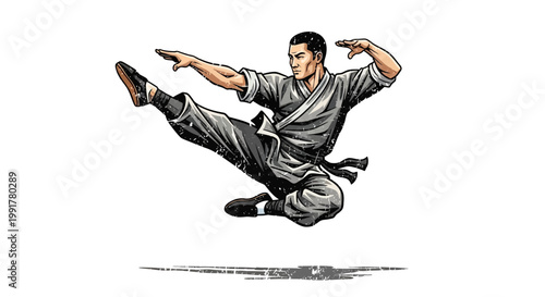 Martial artist performing a dynamic flying kick in traditional uniform