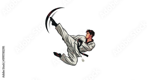 Martial artist performing a high kick in taekwondo uniform