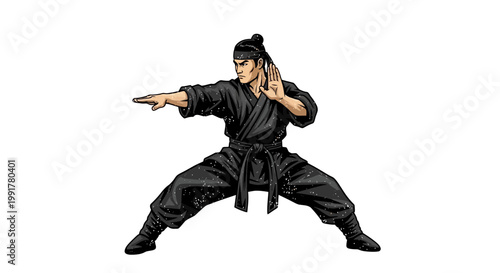 Martial arts fighter in black uniform, dynamic pose, white background