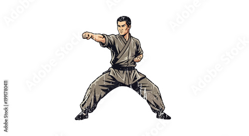 Martial arts fighter performing a strong punch, vintage illustration style