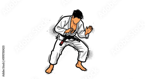 Martial arts fighter in gi, white background, dynamic pose