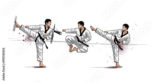 Martial arts fighter performing kicks and punches in action poses