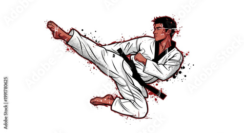Taekwondo athlete performing a high kick with dynamic splash effect