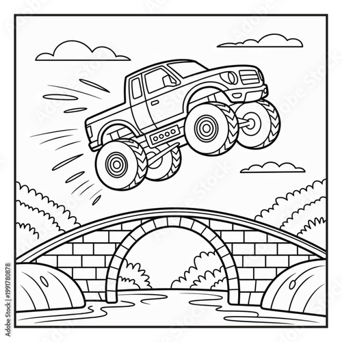 Monster Truck Coloring Page Illustrations Vector Line Art
