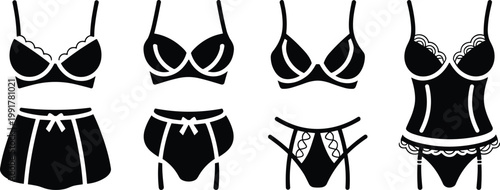Black silhouette lingerie collection bras and underwear set icons