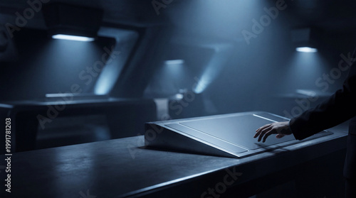 Photos Mysterious hand interacting with a glowing futuristic touch screen control panel in a dark