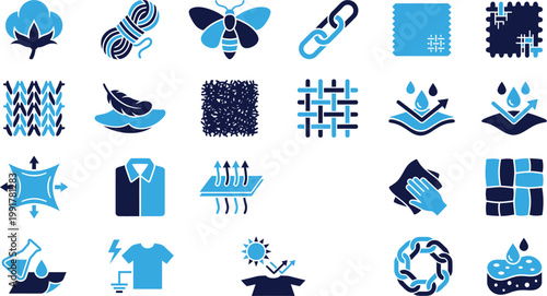 Fabric material properties icons set collection of textile technology symbols.