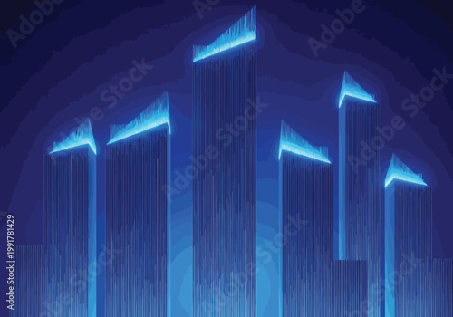Abstract digital illustration of futuristic skyscrapers in a blue neon glow style with contour lines