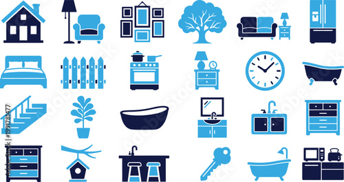 Home related icons including house furniture appliances garden and safety.