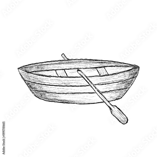 Pencil drawing of a wooden row boat with oar on white. Pencil drawing of a wooden row boat with oar on white. Pencil drawing of a wooden row boat with oar on white.