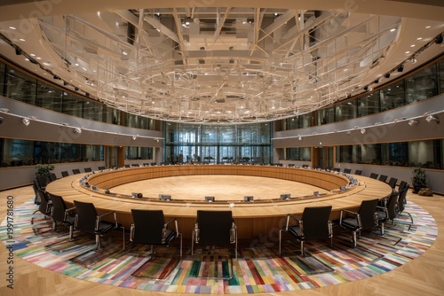 Grand circular conference room with modern design, wooden floor, and abstract rug