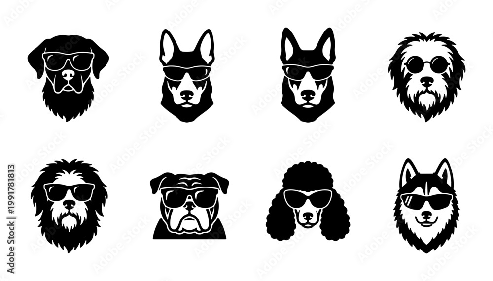 Fototapeta premium Minimalist dog head icons wearing sunglasses, set of 8 black and white canine vector illustrations, cool pet portraits for logo design and apparel