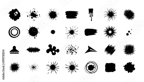 Fotografie Grunge ink splatter collection, 28 black paint splash vector elements, hand draw