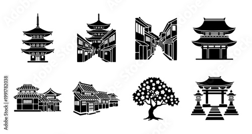 Photos Traditional Japanese architecture icons, black silhouette pagoda and temple set,