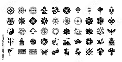 Traditional Chinese icons set, 60 black oriental vector symbols, Asian cultural ornaments with dragon lotus and lantern, minimalist lunar new year graphics