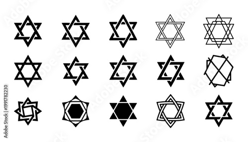 Star of David vector icons set, Jewish religious symbols collection, black Magen David hexagram shapes, 15 geometric Judaica elements for Hanukkah