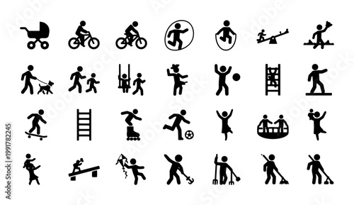 Active children playground icons set, black silhouette kids playing outdoor sports vector, 28 childhood activity pictograms for park signage