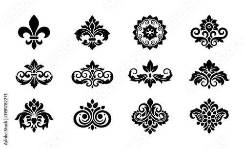Vintage fleur de lis ornament set, black damask floral decorative elements, 12 royal heraldic vector icons for luxury branding and wedding stationery