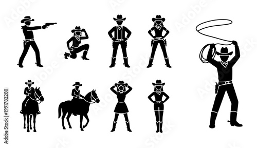Photos Wild West cowboy silhouettes set, 9 black western character icons, outlaw and co