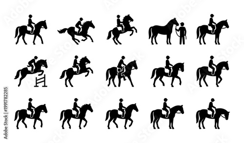 Foto Horse riding icons set, equestrian sport silhouettes of riders and stallions, 15