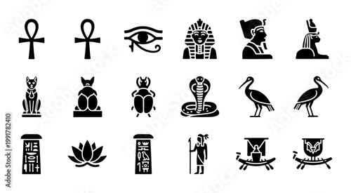 Ancient Egyptian icons set, black silhouette hieroglyphs and symbols vector, collection of 18 historical Egypt mythology elements for education