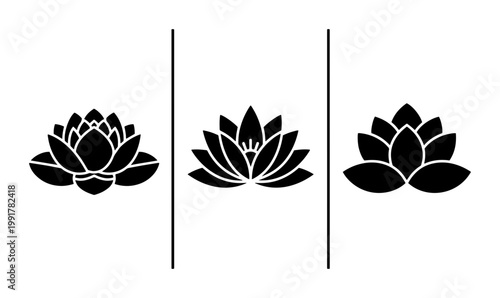 Minimalist lotus flower icons set, black floral silhouette vector graphics, zen lily blossom symbols for yoga and wellness branding