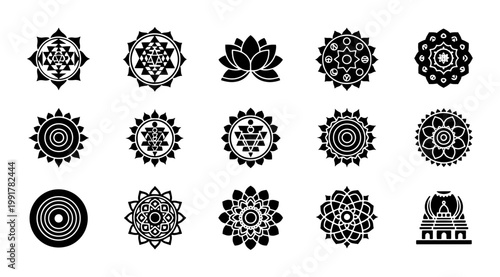 Sacred geometry mandala icons set, spiritual yoga symbols and lotus flower vector elements, black geometric zen ornaments for meditation branding