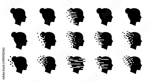 Mental health icon set with 15 female head silhouettes, memory loss and dementia concept vectors, psychological disintegration and pixelated brain symbols