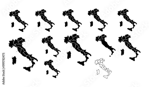 Italy map vector collection, black silhouette icons of Italian borders and regions, set of 12 geographic map elements for infographics and travel design