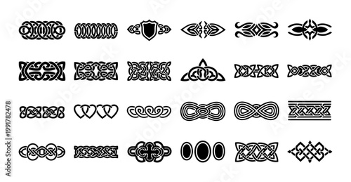Celtic knot border set, 24 black decorative vector dividers, traditional viking knotwork ornaments, ancient gaelic ethnic pattern collection