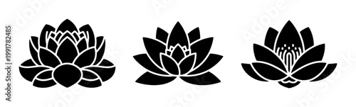Minimalist black lotus flower icons, set of 3 floral vector silhouettes, zen water lily blossom symbols for yoga and wellness branding