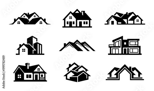 Real estate house logo set, 9 black and white home icons, modern residential building silhouettes, property development and construction vector graphics