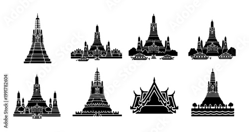 Traditional Thai temple silhouette icons, set of 8 Buddhist pagoda vector illustrations, black religious landmark architecture for travel design