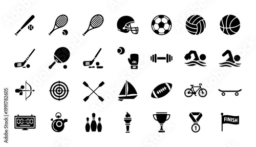 Minimalist sports icons set, 28 black vector silhouettes of athletic equipment and competition symbols, flat sport activity icons for web and mobile apps