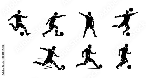 Soccer player silhouettes set, football athlete action poses vector, black sport figures kicking and dribbling ball, 7 professional soccer icons