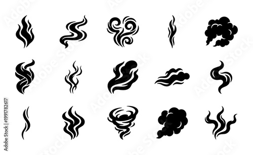 Black steam icons set, 15 smoke vector silhouettes, rising heat and aroma vapor swirls, decorative smell and odor line art elements