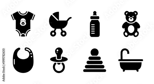 Baby care icon set with 8 black solid vector elements, newborn nursery equipment collection, infant toys and feeding accessories for parenting apps