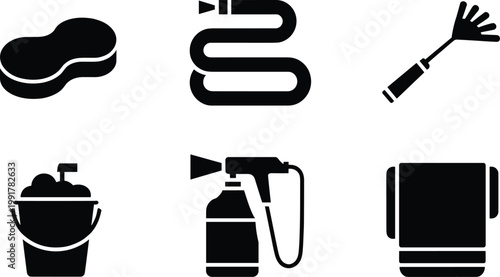 Black silhouette cleaning icons set sponges sprayers and cloths
